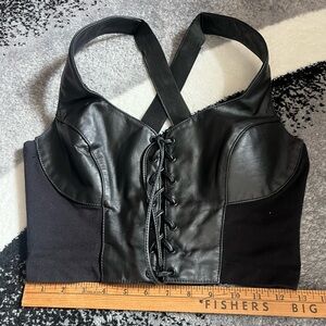 Black Leather Lace-Up Halter Top